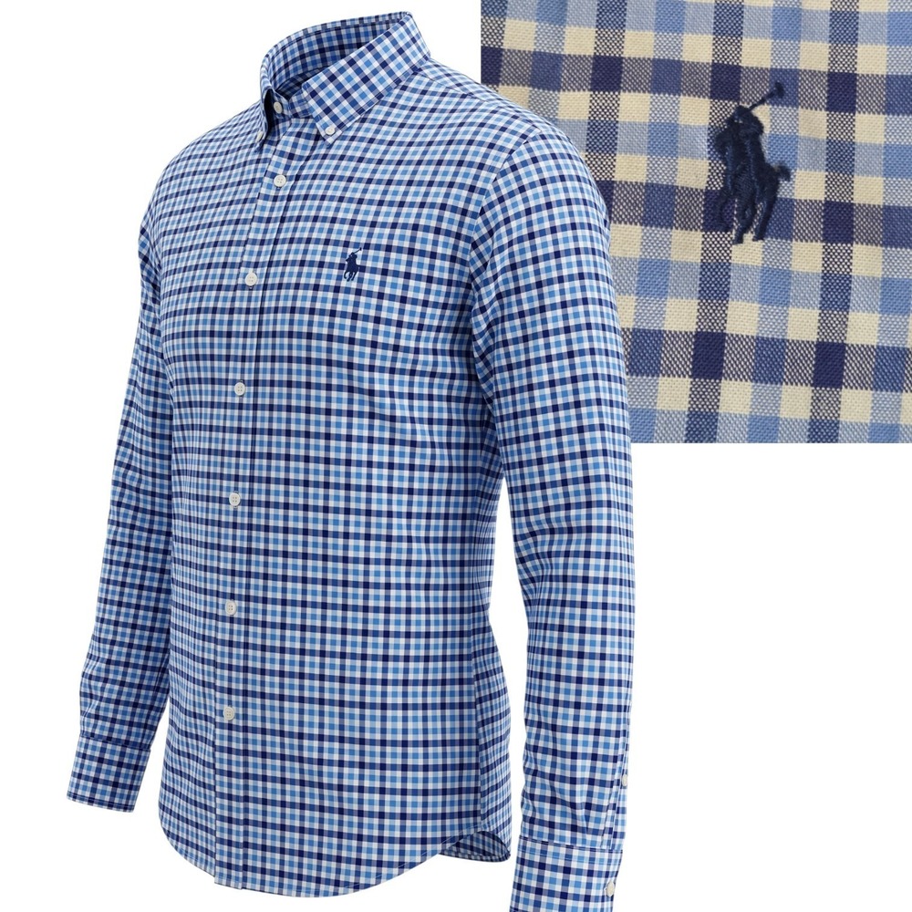 Ralph Lauren Button Down Men XL Blue Gingham Slim Fit Stretch Oxford Shirt